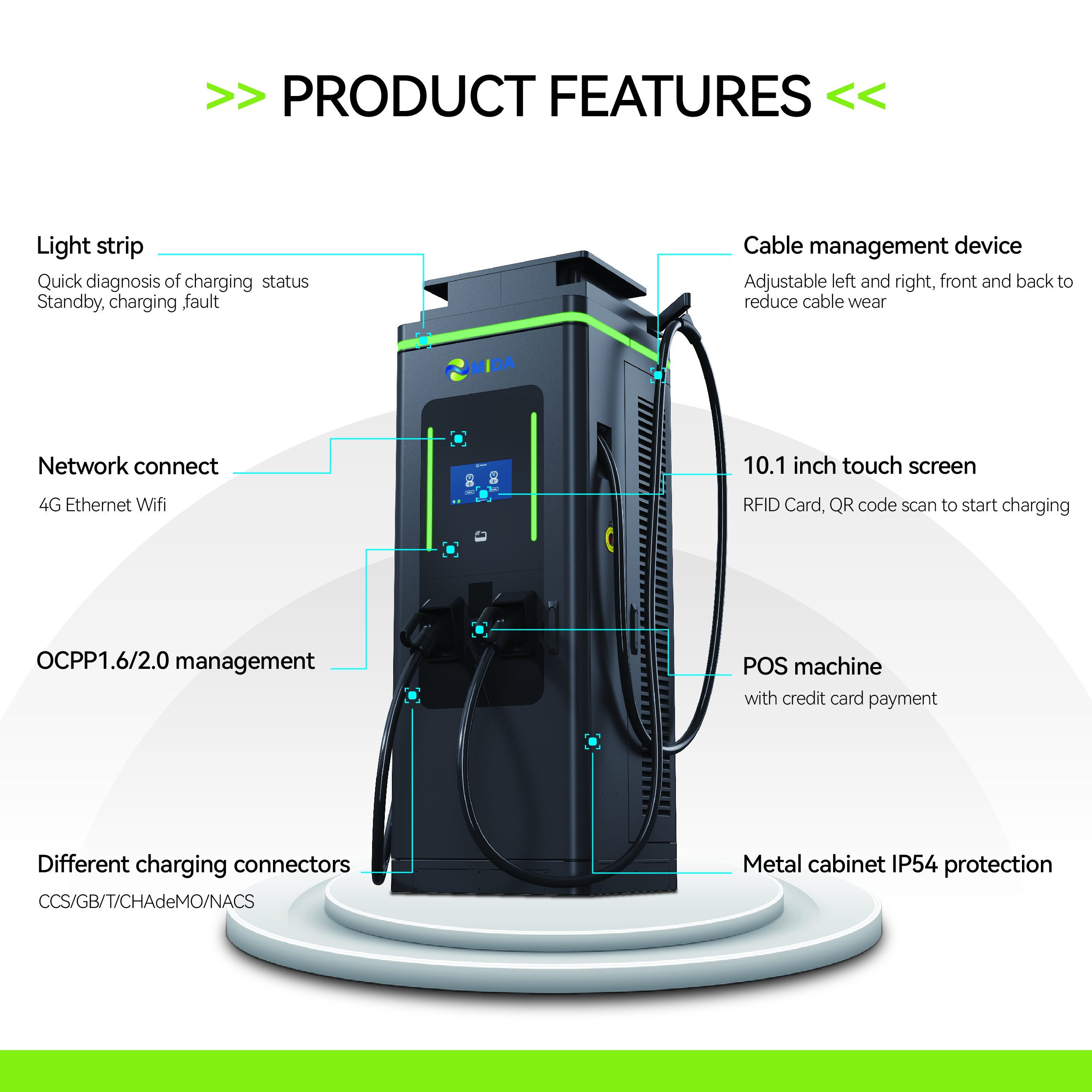 High-power solar EV charging station with CCS2 connectors and liquid-cooled charging cables.
