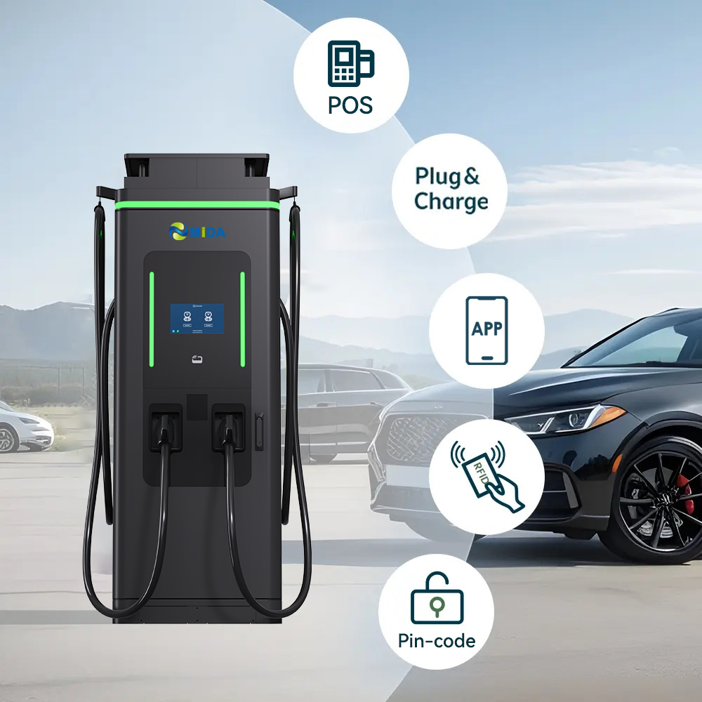 High-power solar EV charging station with CCS2 connectors and liquid-cooled charging cables.