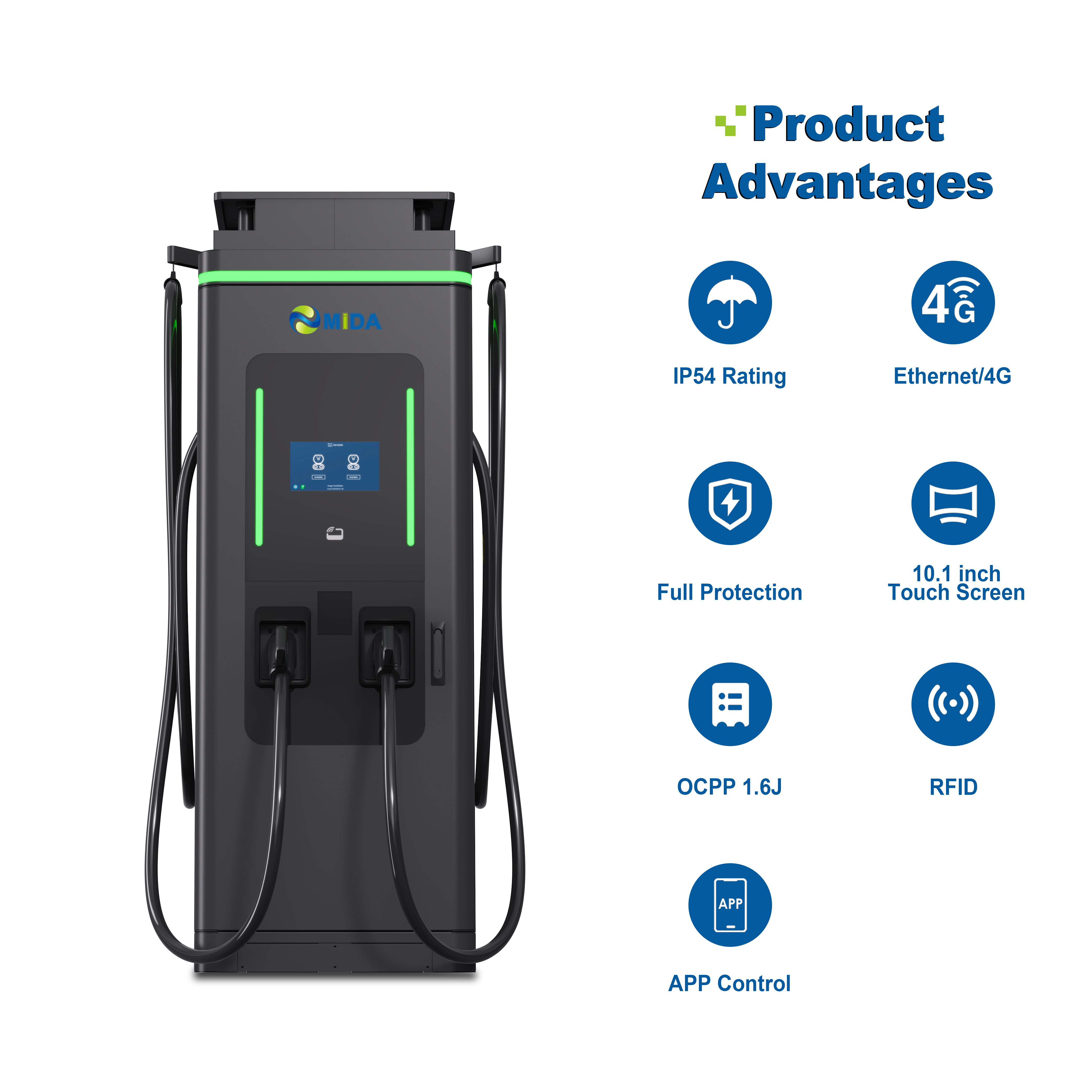 High-power solar EV charging station with CCS2 connectors and liquid-cooled charging cables.