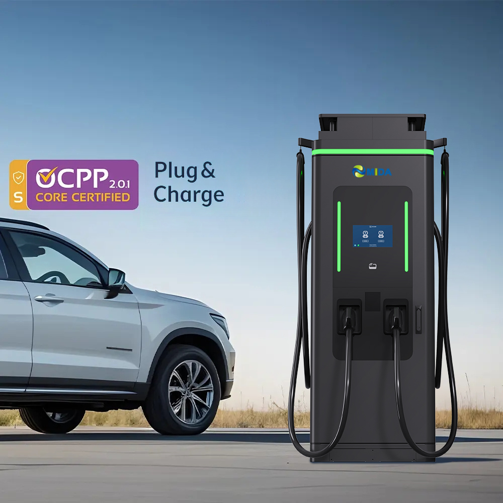 High-power solar EV charging station with CCS2 connectors and liquid-cooled charging cables.