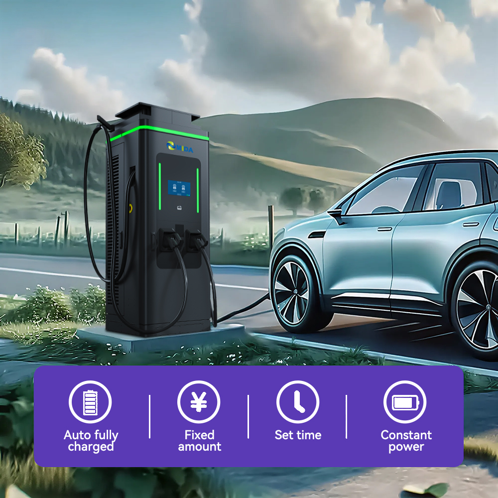 High-power solar EV charging station with CCS2 connectors and liquid-cooled charging cables.