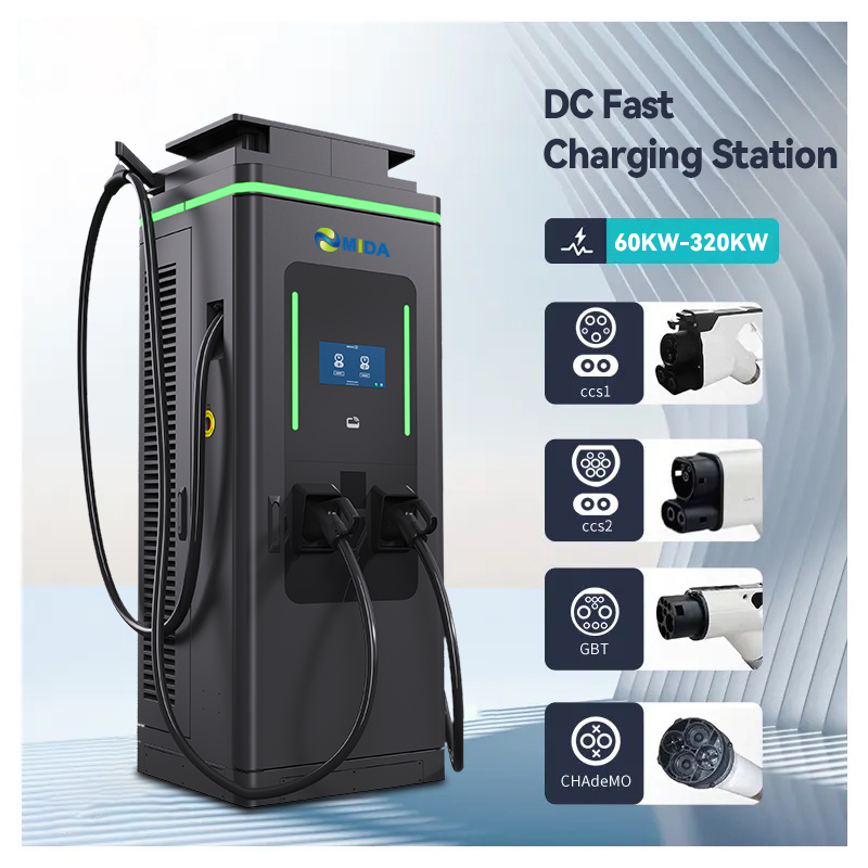 High-power solar EV charging station with CCS2 connectors and liquid-cooled charging cables.