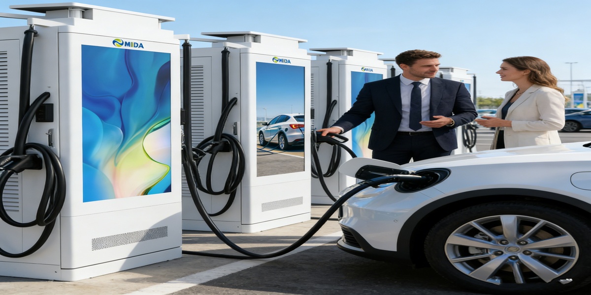 DC Charging Station, Advertising Screen, EV Fast Charger, MIDA Power, DOOH