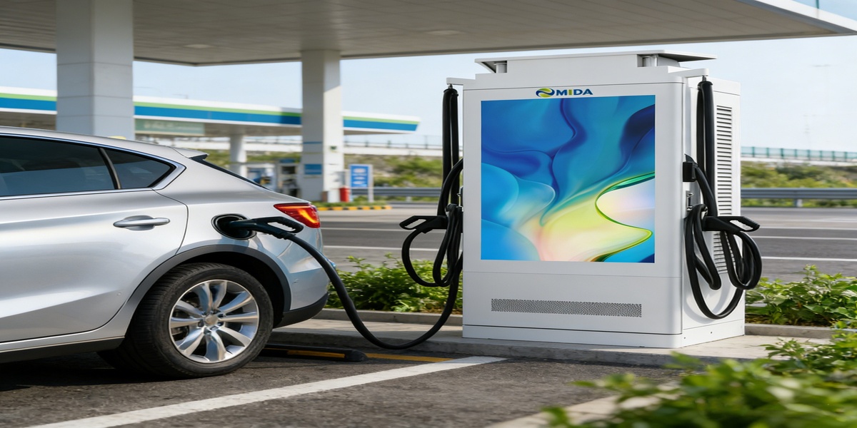 DC Charging Station, Advertising Screen, EV Fast Charger, MIDA Power, DOOH