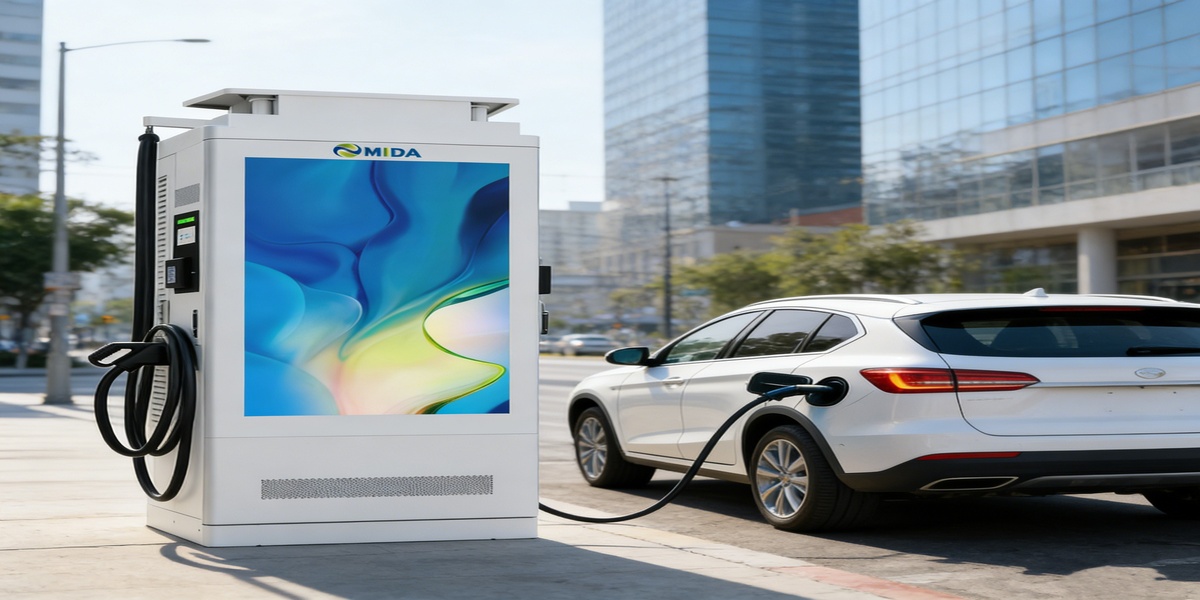 DC Charging Station, Advertising Screen, EV Fast Charger, MIDA Power, DOOH