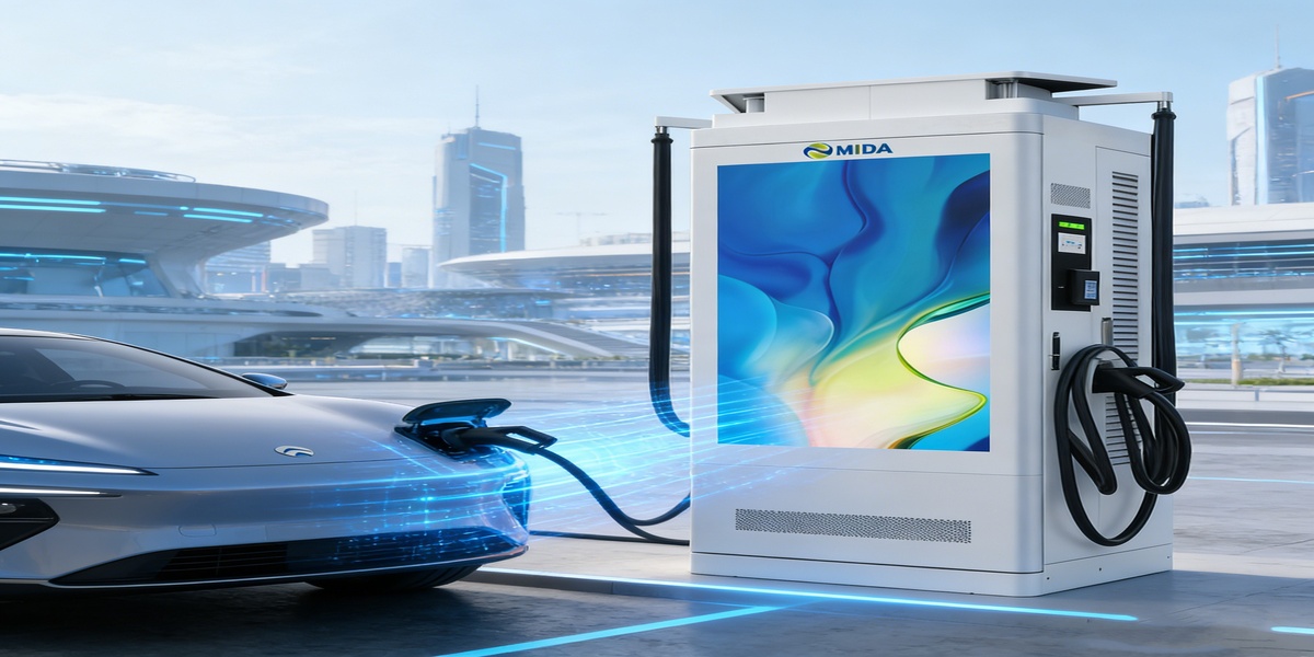 DC Charging Station, Advertising Screen, EV Fast Charger, MIDA Power, DOOH