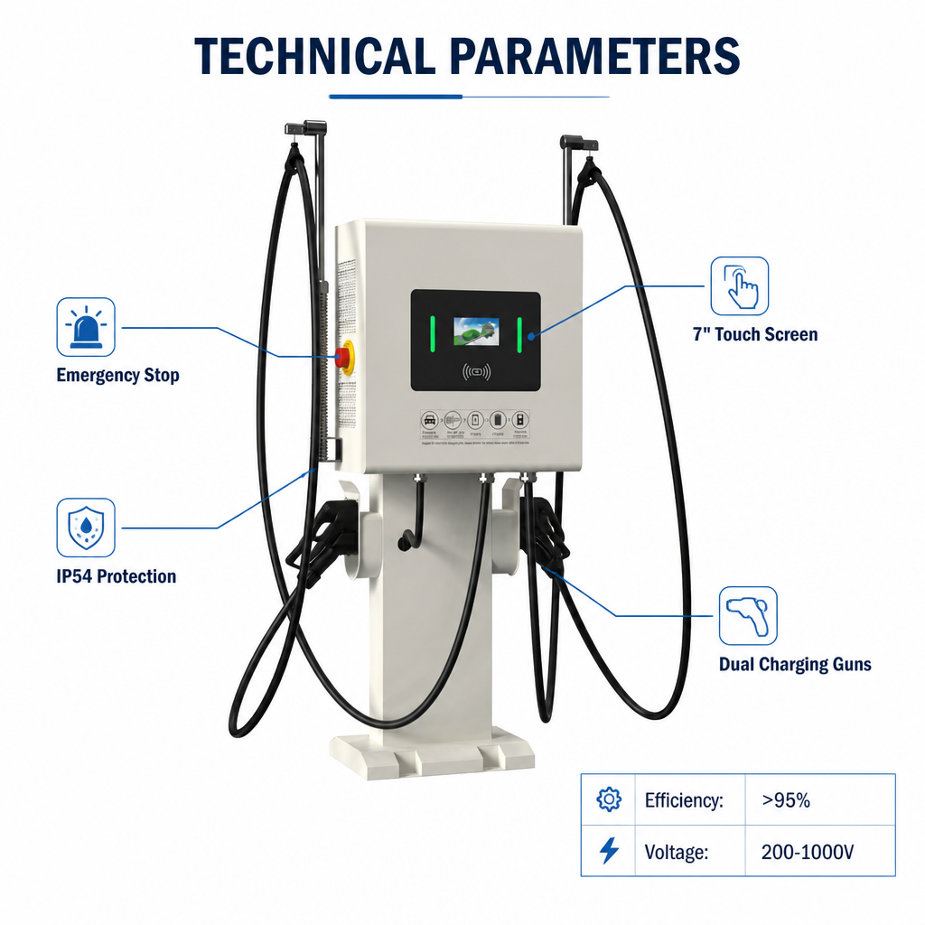 Smart 80kW Dual Outlet Free Standing Commercial DC Fast Charger with Remote Diagnostics System - 2. 150V–1000V Ultra-Wide Voltage Matrix & High-Power Output