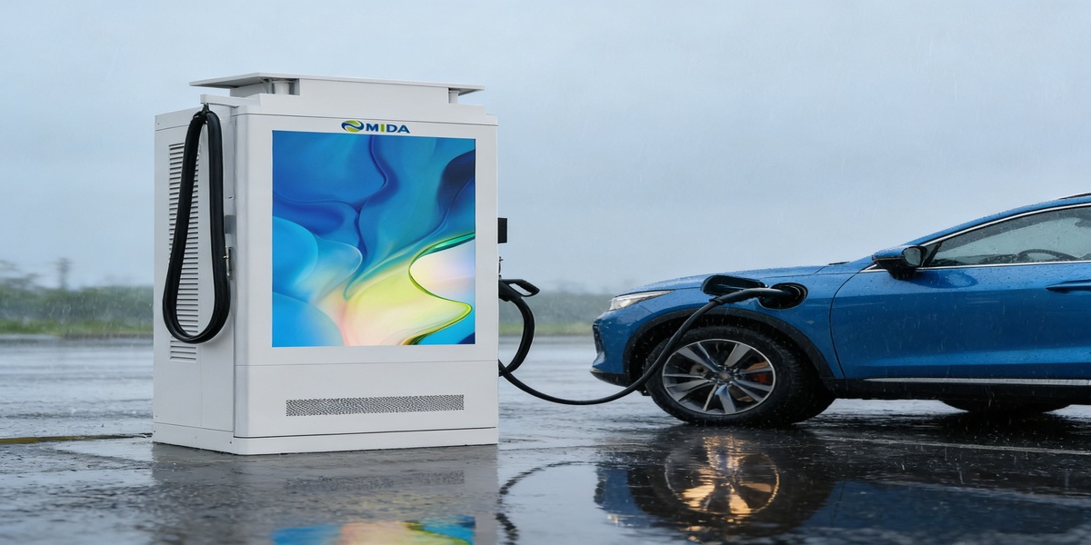 DC Charging Station, Advertising Screen, EV Fast Charger, MIDA Power, DOOH