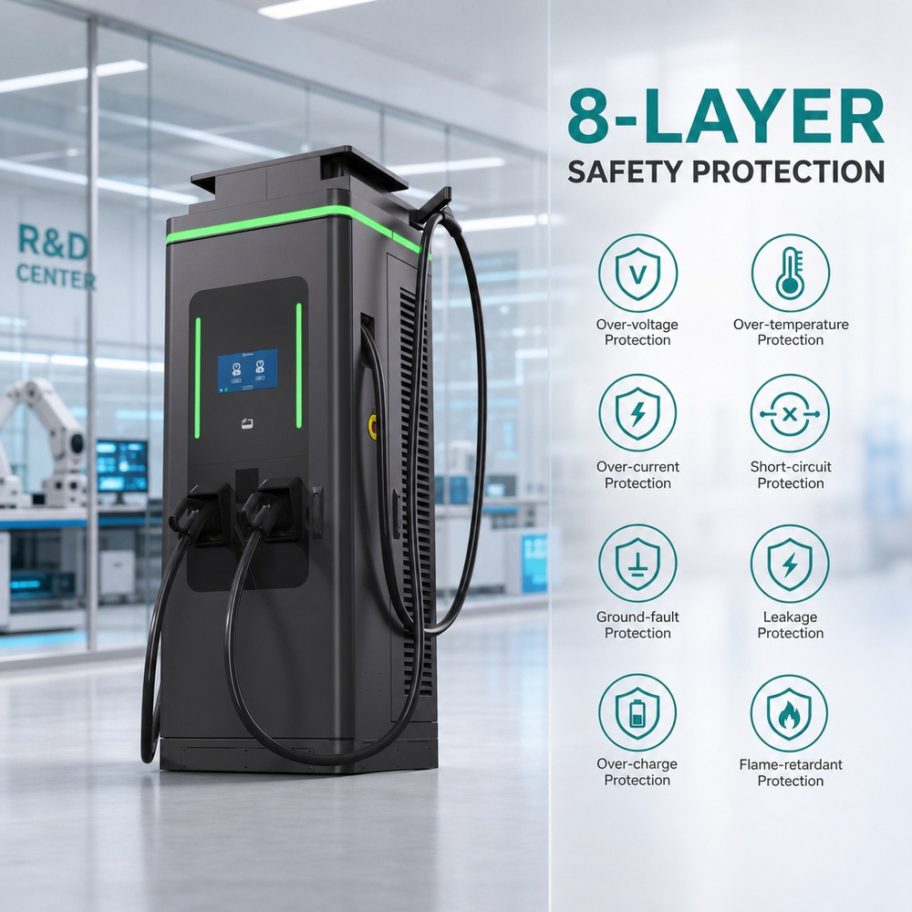 100kW Outdoor Commercial DC Fast EV Charger TUV CE Certified OCPP 2.0.1 Smart Grid - 6. Rugged IP55 Weatherproof Enclosure & Comprehensive Safety Protection