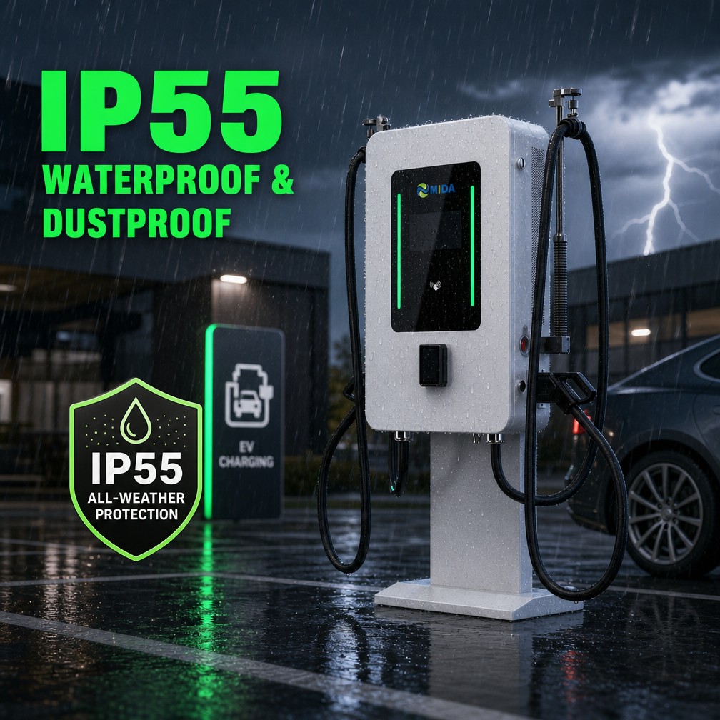 MIDA 80kW Dual Gun DC Fast Charging Station Floor Mounted with Smart Power Balancing - 6. Rugged IP55 Weatherproof Enclosure & Comprehensive Safety Protection
